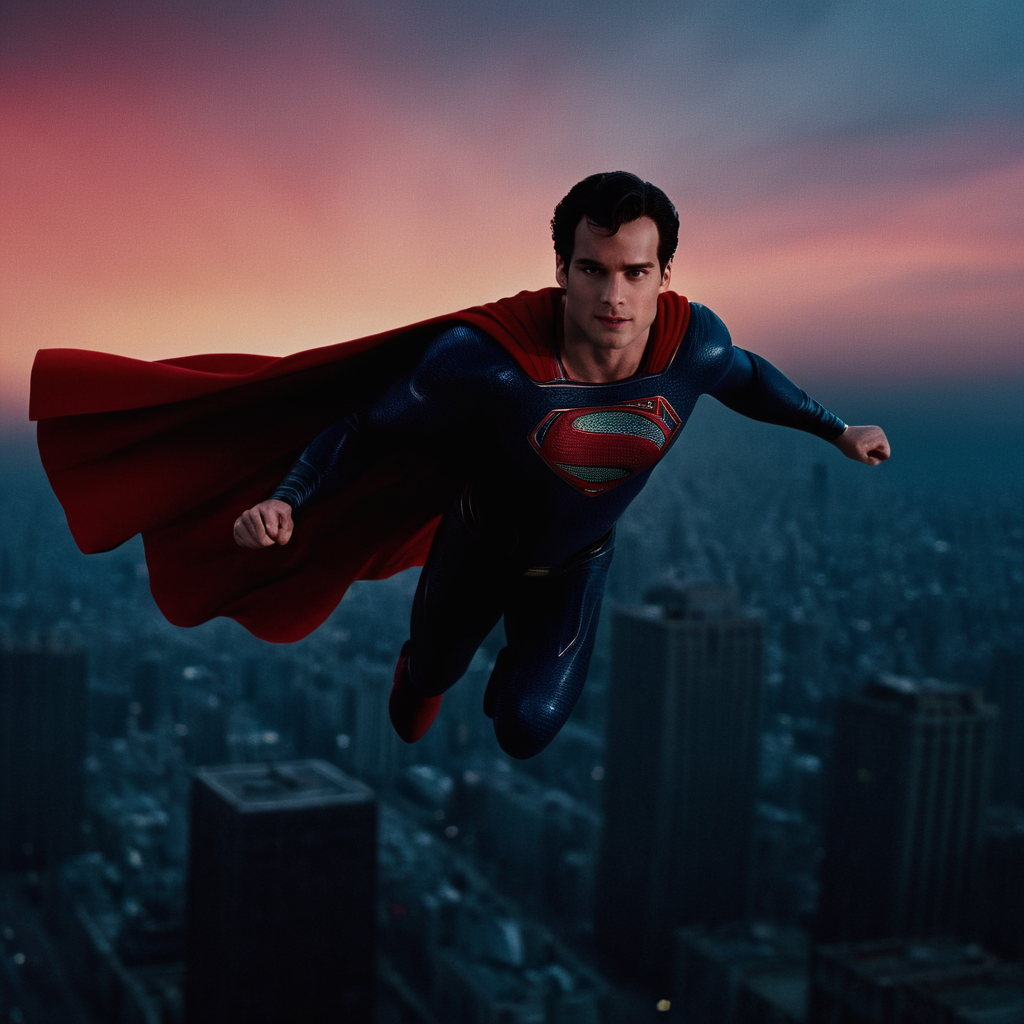 cinematic film still of  <lora:Superman v2:1>
Kal-El, Kryptonian, Man of Steel, Superman a superman flying over a city with a red sky,solo,blue eyes,black hair,1boy,male focus,blurry,flying,city,superhero, shallow depth of field, vignette, highly detailed, high budget, bokeh, cinemascope, moody, epic, gorgeous, film grain, grainy