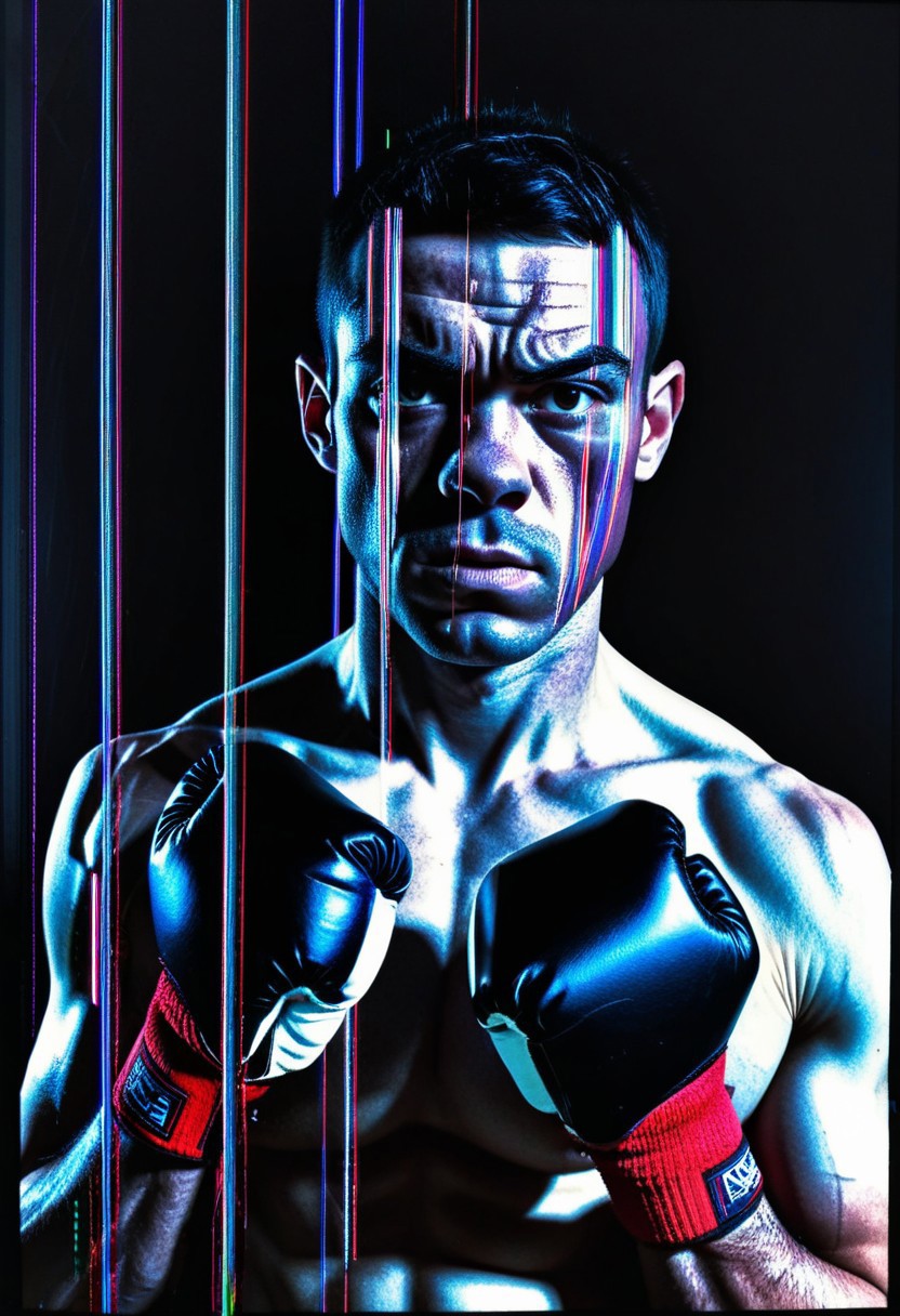 lazympos, glitch, crackedlcd, boxer, gloves, portrait, high contrast,