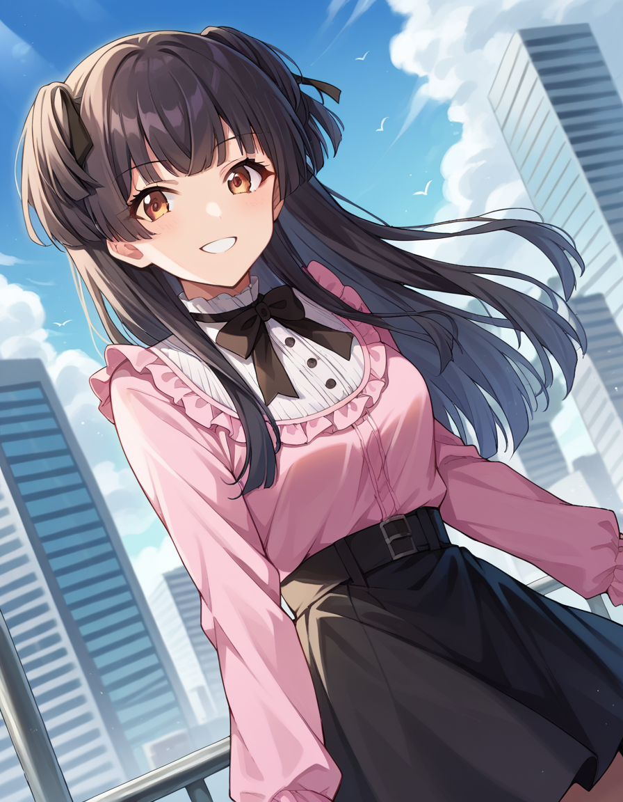score_9, score_8_up, score_7_up, source_anime,
fuyukomayuzumi, <lora:fuyuko-mayuzumi-ponyxl-lora-nochekaiser:1>,
fuyuko mayuzumi, black hair, brown eyes, long hair, two side up, smile,
black bow, black bowtie, black ribbon, black skirt, bow, bowtie, frilled shirt, frills, jirai kei, long sleeves, neck ribbon, pink shirt, ribbon, shirt, skirt, white shirt,
outdoors, cityscape,
looking at viewer, dutch angle, cowboy shot,