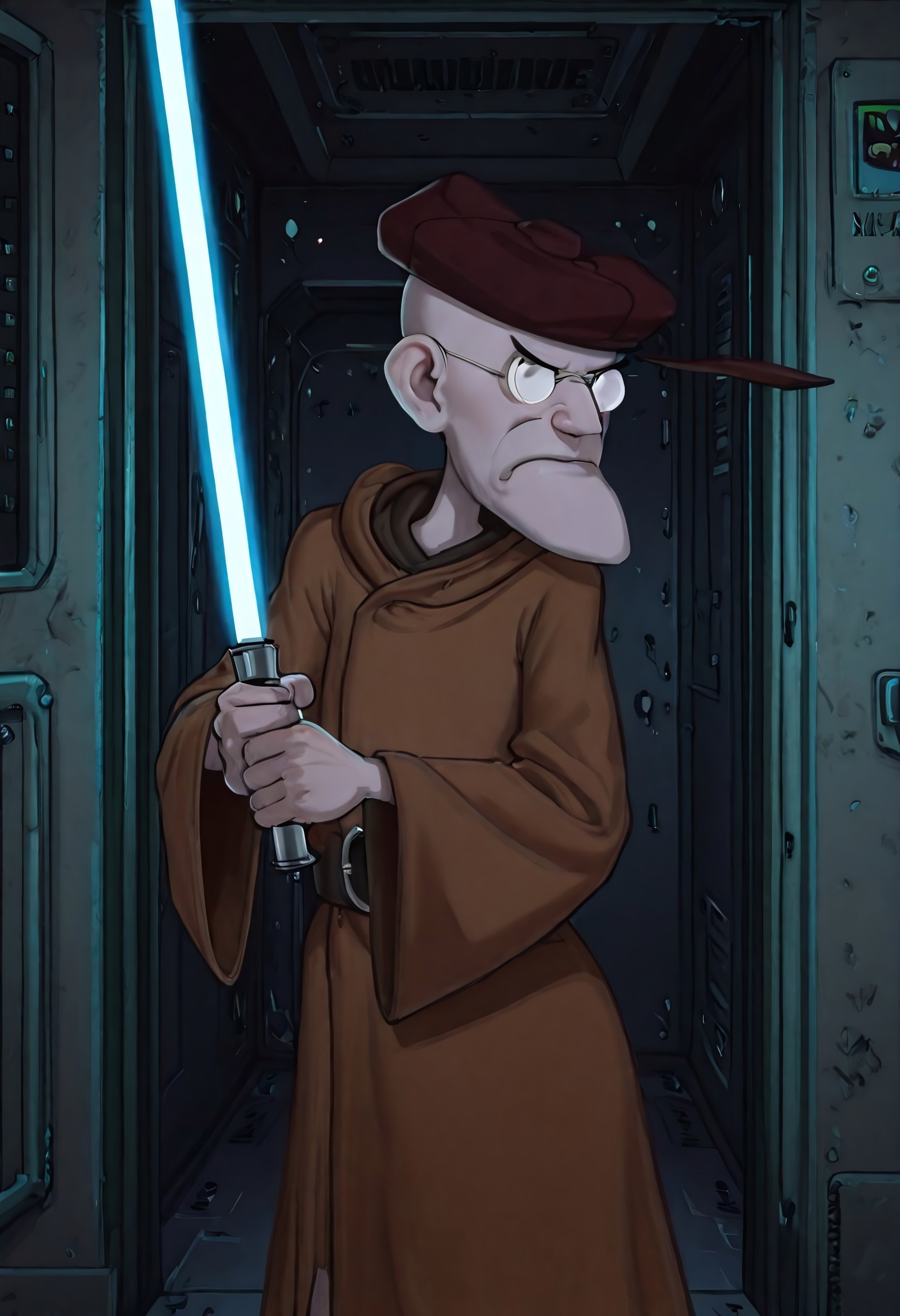 Masterpiece, best quality, highest quality, absurdres, realistic, solo, Eustace, Bagge, hat, glasses, brown jedi robe, lightsaber, blue lightsaber, thick lightsaber, dark, grumpy expression, detailed background, futuristic spaceship c0rr1d0r