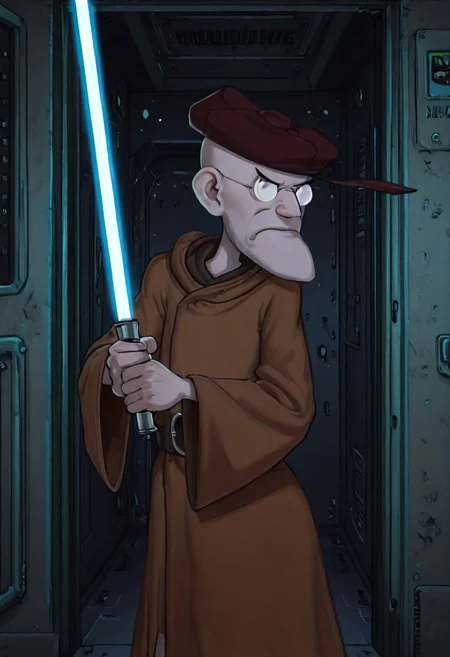 Masterpiece, best quality, highest quality, absurdres, realistic, solo, Eustace, Bagge, hat, glasses, brown jedi robe, lightsaber, blue lightsaber, thick lightsaber, dark, grumpy expression, detailed background, futuristic spaceship c0rr1d0r