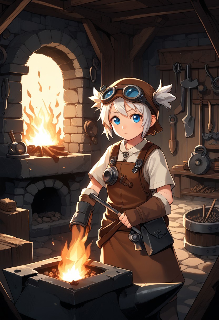 score_8, score_8_up, score_7_up, source_cartoon BREAK 1girl, female focus, solo, standing, looking at viewer, Pratty, blue eyes, short hair, goggles, white hair, short twintails, hair through headwear, brown headwear, Forge, Smithy, fire, furnace, kiln, anvil,  Forg3
