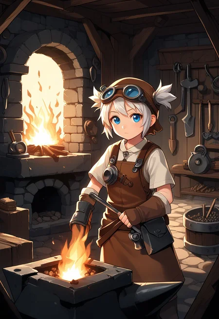 score_8, score_8_up, score_7_up, source_cartoon BREAK 1girl, female focus, solo, standing, looking at viewer, Pratty, blue eyes, short hair, goggles, white hair, short twintails, hair through headwear, brown headwear, Forge, Smithy, fire, furnace, kiln, anvil, Forg3