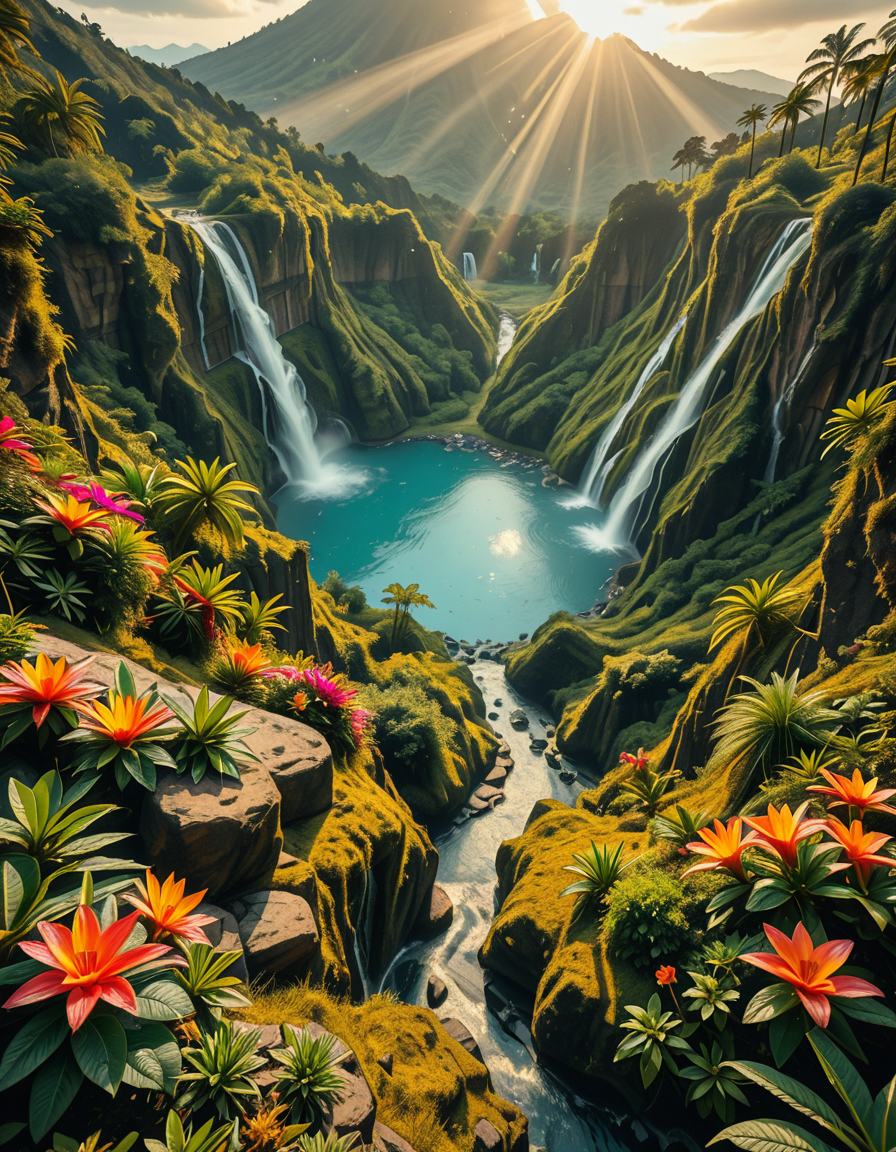 A breathtaking view of an ancient, dormant volcano now transformed into a lush, vibrant natural sanctuary. The crater is filled with dense tropical forests, colorful exotic flowers, cascading waterfalls, and mist swirling gently in the morning light. Vines and moss cover the dark volcanic rocks, and small streams wind down the slopes. while rays of sunlight pierce through the dense canopy, creating sparkling reflections on the water. The atmosphere feels peaceful, enchanted, and untouched by humans. The scene is depicted in an ultra-detailed, hyper-realistic style, with warm, soft lighting and rich, saturated colors that enhance the magical and serene mood of the landscape.
<lora:SDXLFaeTastic2400:0.4> <lora:extremely_detailed:0.4> extremely detailed,dormant v0lc4n0, <lora:dormant_v0lc4n0-i:1>, Masterpiece,best quality,hi res,8k,hi res,8k,award winning,(sharp focus, intricate, highly detailed),