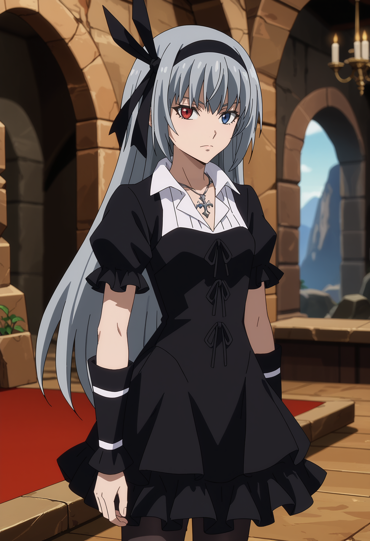 score_7_up, anime screencap,
<lora:TenSura_LuminousValentineXL:0.9>, ValentineTS,
1girl, solo, closed mouth,
long hair, grey hair, heterochromia, red eyes, blue eyes, black hairband, hair ribbon, black ribbon,
frilled dress, black dress, puffy short sleeves, white shirt, cross necklace, arm warmers, black pantyhose,
standing, looking at viewer, cowboy shot,
blurry background, indoors, cave