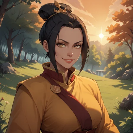 score_9, score_8, BREAK, solo, Azula, black hair, brown eyes, topknot, sidelocks, hair bun, single hair bun, sexy pose, self portrait, smile, outdoors, sunlight, shadows, evening lighting, natural lighting, forest, trees, grass, orange sky, sunset