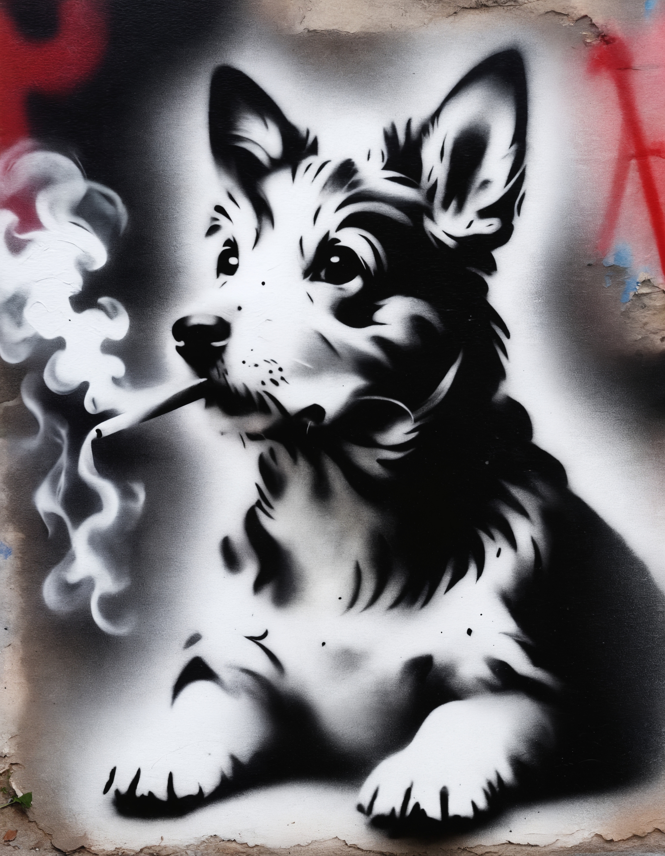zavy-fzzgrfft, stencil of a dog having a smoke, screentone