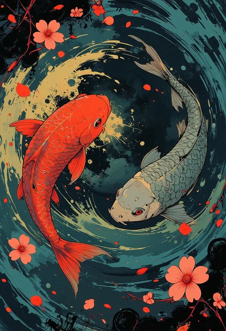 Two Koi fish swimming in a yin-yang formation through a swirling whirlpool, surrounded by cherry blossom petals, glowing ripples, and ink-style wave patterns.