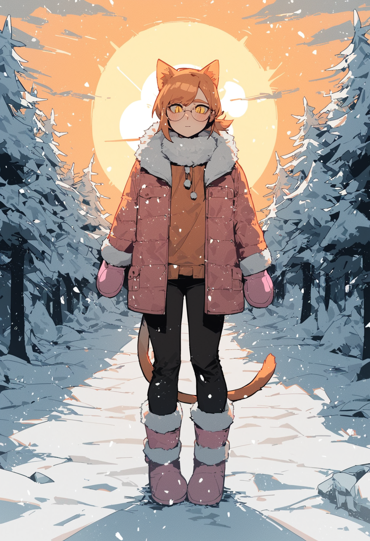 score_9, score_8_up, score_7_up, 
1femboy, skinny, light orange cat ears, light orange cat tail, short ponytail, air_bangs, (light orange hair), yellow eyes, slit pupils, round glasses,
pink down jacket, fur hood, fur collar, fur boots, pants, pink mittens, 
winter forest, snowfall, sun, cloud,
mouth vapour, blush, looking at viewer,
front view, full body,
<lora:Expressive_H:0.3>,<lora:Gogalking_-_style:0.8>, gogalking,