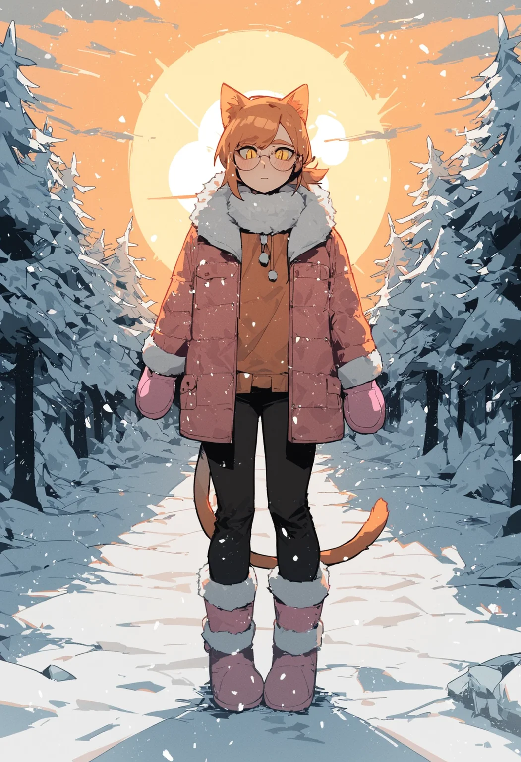 score_9, score_8_up, score_7_up, 
1femboy, skinny, light orange cat ears, light orange cat tail, short ponytail, air_bangs, (light orange hair), yellow eyes, slit pupils, round glasses,
pink down jacket, fur hood, fur collar, fur boots, pants, pink mittens, 
winter forest, snowfall, sun, cloud,
mouth vapour, blush, looking at viewer,
front view, full body,
<lora:Expressive_H:0.3>,<lora:Gogalking_-_style:0.8>, gogalking,