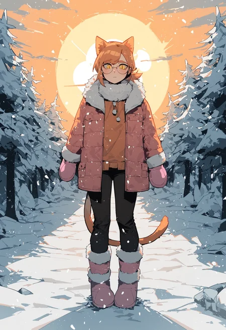 score_9, score_8_up, score_7_up,
1femboy, skinny, light orange cat ears, light orange cat tail, short ponytail, air_bangs, (light orange hair), yellow eyes, slit pupils, round glasses,
pink down jacket, fur hood, fur collar, fur boots, pants, pink mittens,
winter forest, snowfall, sun, cloud,
mouth vapour, blush, looking at viewer,
front view, full body,
<lora:Expressive_H:0.3>,<lora:Gogalking_-_style:0.8>, gogalking,