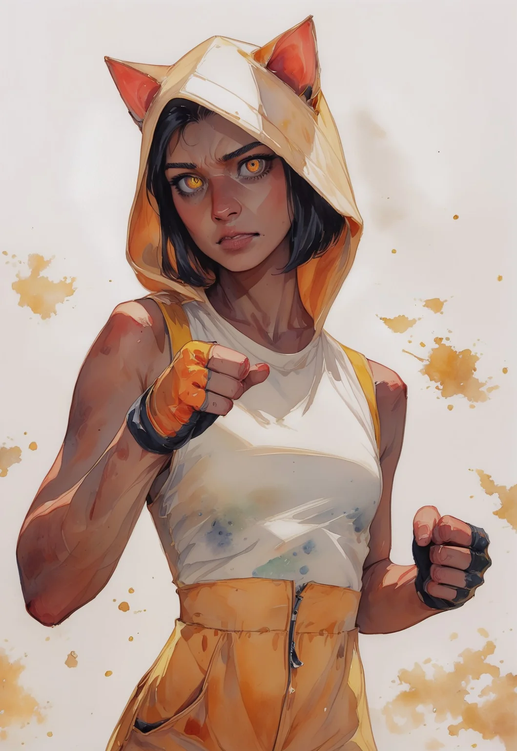 score_9, score_8_up, score_7_up,
WackyBrightDaal,abstractionism, brush stroke, traditional media, cinematic, masterpiece, best quality, ultra-detailed, high resolution, 8K, sharp focus, intricate details, highly detailed, 2d, (flat color:2.0, lineart:2.0, realistic:2.0), simple background, gradient background, 1girl, solo, black hair, short hair, bob cut, detailed face, detailed eyes, yellow eyes, big lips, seductive, sexy, medium breasts, curvy, athletic, thick thighs, wide hips, narrow waist, big ass, bottom heavy, detailed skin, dark skin, cat tail, sport attire, bodysuit, unzipped, sleeveless, hood with cat ears, fingerless gloves, partial nudity, Fighter Pose, fists Up, Doing a kick, fierce Look, come at me Expression, looking at viewer,. expressed outline visuals, disintegrating style, watercolor art, Intricate illustration, traditional media,
momentum, effects,
high contrast, saturated colors, volumetric light, watercolors

