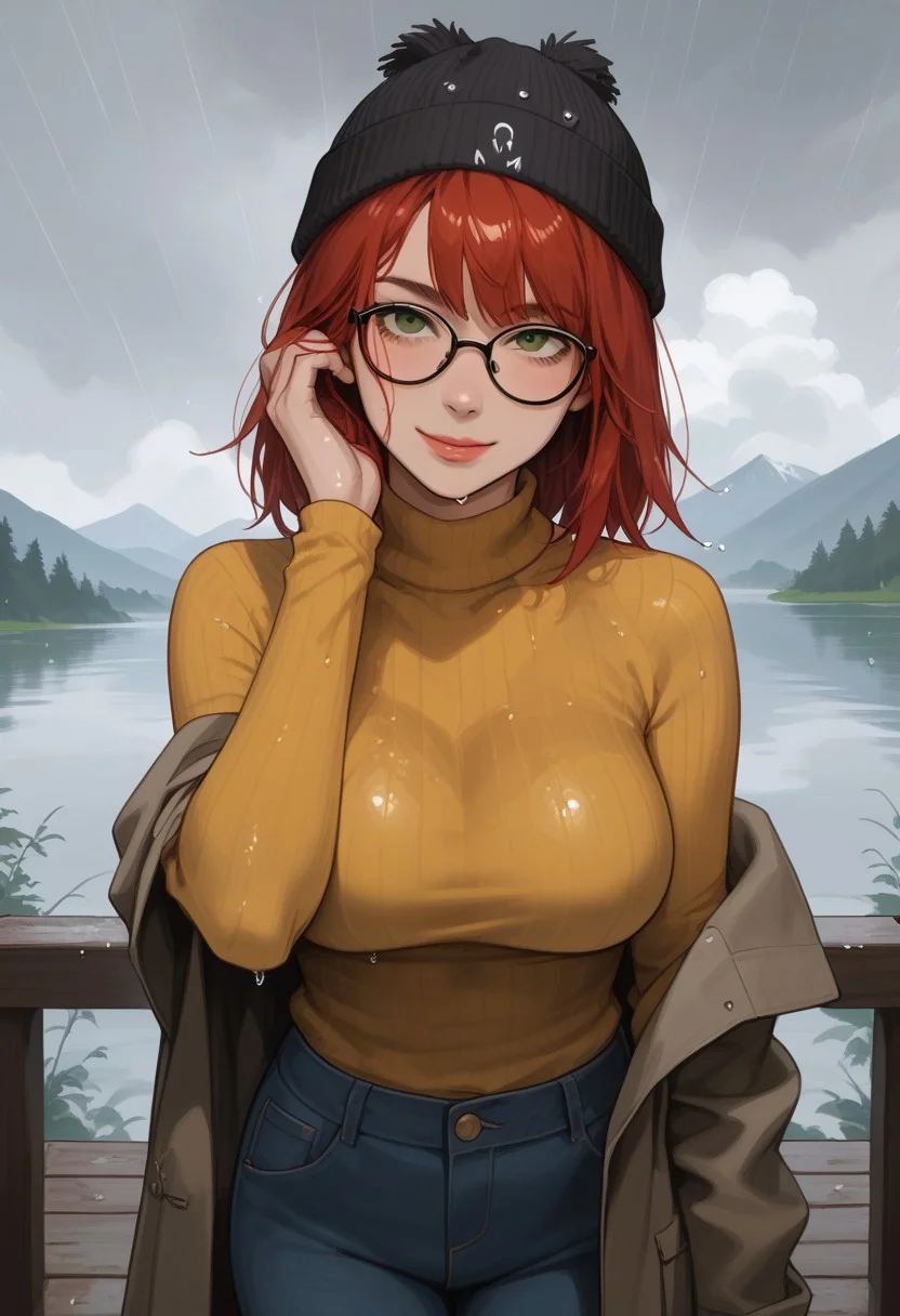 score_9,score_8_up,score_7_up,score_6_up,score_5_up, masterpiece, best_quality, ultra-detailed, (from behind)
BREAK
1girl, short red hair, bangs, green eyes, aviator glasses, large breasts, thunderstorm, standing on porch, brown overcoat, yellow turtleneck sweater, green knitted beanie, blue jeans, wet hair, sideways glance, wet environment, rain, storm, wet clothes, water, blush, wet skin, smiling, hand in hair, leaning on balustrade, holding umbrella
BREAK
overlooking lake, mountainous horizon