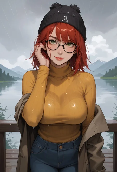 score_9,score_8_up,score_7_up,score_6_up,score_5_up, masterpiece, best_quality, ultra-detailed, (from behind)
BREAK
1girl, short red hair, bangs, green eyes, aviator glasses, large breasts, thunderstorm, standing on porch, brown overcoat, yellow turtleneck sweater, green knitted beanie, blue jeans, wet hair, sideways glance, wet environment, rain, storm, wet clothes, water, blush, wet skin, smiling, hand in hair, leaning on balustrade, holding umbrella
BREAK
overlooking lake, mountainous horizon