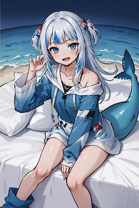 best quality, intricate details,

1girl, white hair,  blue eyes, sharp eyes,messy hair, blue highlights, sharp teeth,

blue hoodie, shark teeth design, bare legs, hair ornament,

multicolored_hair, tail, virtual_youtuber, gawr_gura,<lora:gawr gura:0.4>