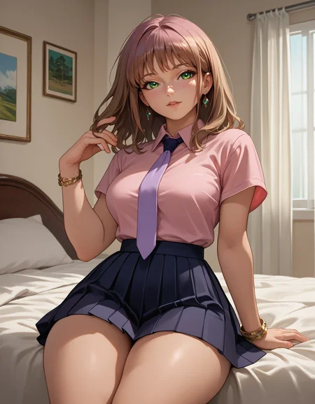 score_9, score_8_up, score_7_up,score_6_up  source_anime
yumschmo, purple necktie, brown hair, green eyes,  jewelry,  bracelet,  pink short sleeved shirt, medium hair, black pleated skirt
1girl,large breasts, wide hips,thick thighs,bedroom
<lora:minami_yume-8 outfits-koto-PonyXL 2.1:1>