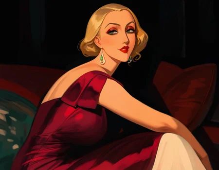 masterpiece, best quality, newest, absurdres, highres, 1girl, solo, earrings, blonde hair, jewelry, dress, green eyes, lipstick, sitting, red lips, makeup