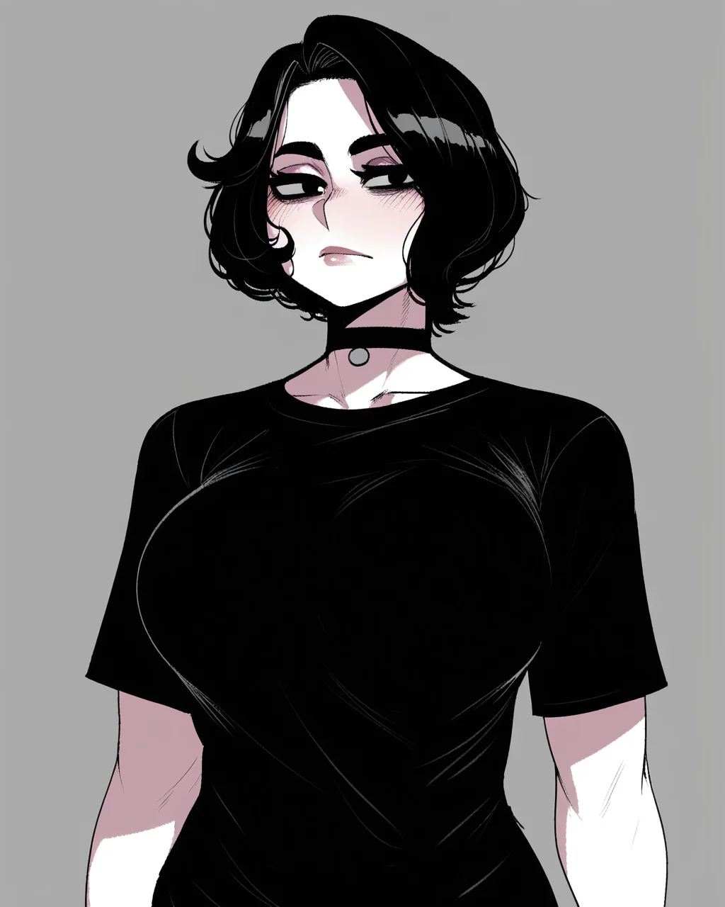 krekkov, (nyantcha:0.5), masterpiece, best quality, high quality, absurdres, very awa, 1girl, solo, doomer girl, (pale skin), black hair, black shirt, <lora:noobaivpred075_doomer_girl:1> half-length portrait,