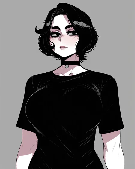 krekkov, (nyantcha:0.5), masterpiece, best quality, high quality, absurdres, very awa, 1girl, solo, doomer girl, (pale skin), black hair, black shirt, <lora:noobaivpred075_doomer_girl:1> half-length portrait,