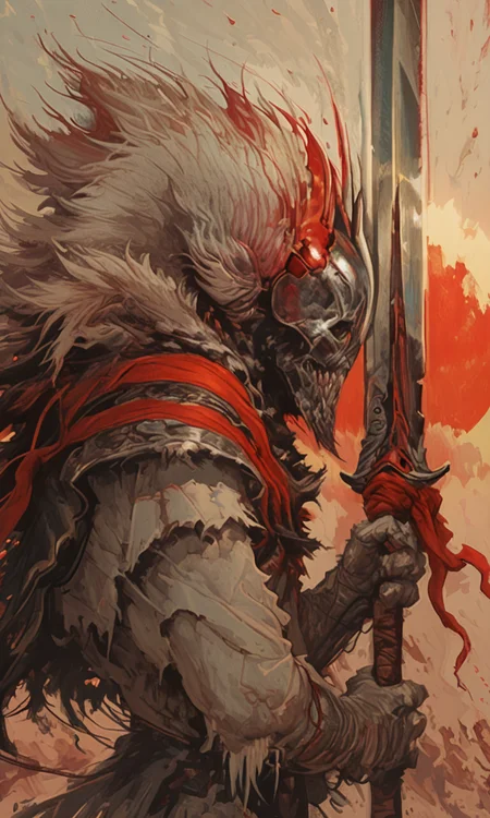 A dynamic digital painting of a warrior riding a wolf wielding a sword with flowing red ribbons and a dramatic sunset backdrop..<lora:- NAI - PdJ_highres_counterweight_V.2.0-step00021000:0.5> <lora:- NAI - ac_illustration_V1.0-step00011000:.8> <lora:HyperdetailedColoredPencilIl:0.8>