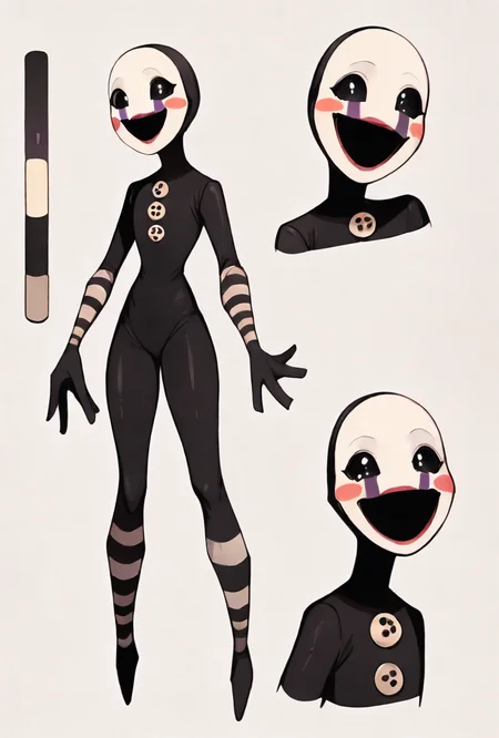 <lora:puppet-10:1> puppet, solo, mask, black bodysuit, smile, open mouth, blush stickers, striped, purple tear streaks, small eyes, no pupils, black empty sockets, black sclera, <lora:CharacterDesignIllustrious_Concept:1> CharacterDesignIllustrious, , , reference sheet, simple white background, (color guide:1.2), (multiple views), (full body), dynamic pose, masterpiece, best quality, amazing quality, very aesthetic, absurdres, newest,
