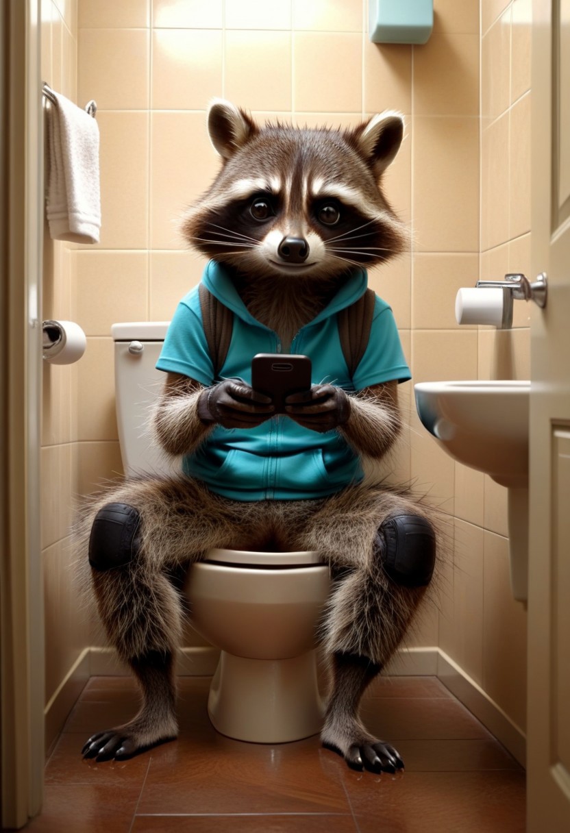 daily morning bathroom routine: a raccoon sits casually on the toilet with his joggerpants down and looks tensely at his cell phone,Puffsurreal, fantasy, totally,funny, ultra quality, 8k, best quality, masterpiece, award winning, one of a kind, midjourneyv6.1