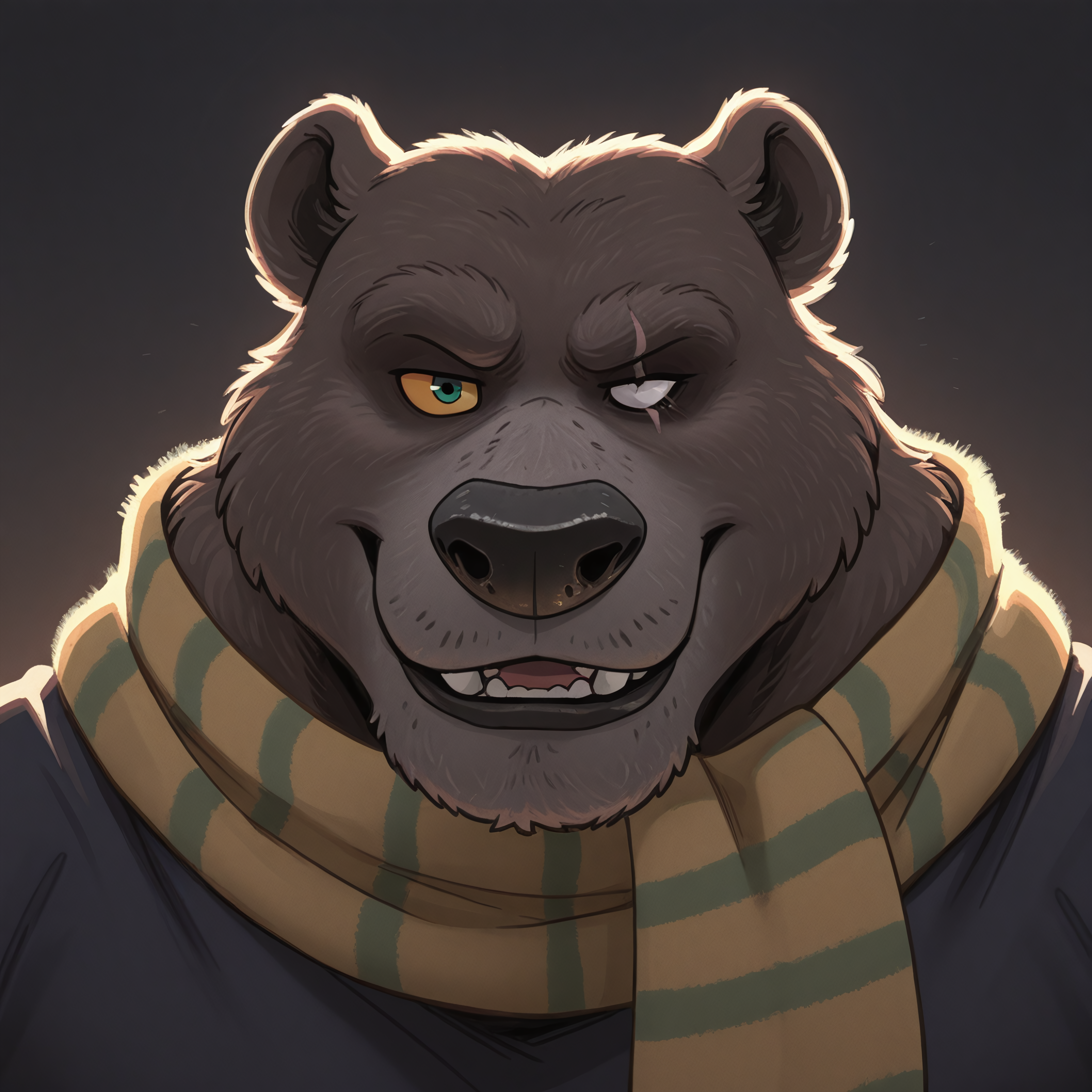 masterpiece, best quality, amazing quality, solo, 1boy, Papabear, bara,  scarf, eye scar, colored sclera, close up