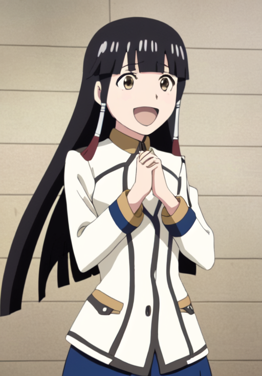 <lora:Claire:0.8>, Claire, 1girl, solo, smile, open mouth, :d, uniform, hair tubes, own hands together, own hands clasped, anime coloring