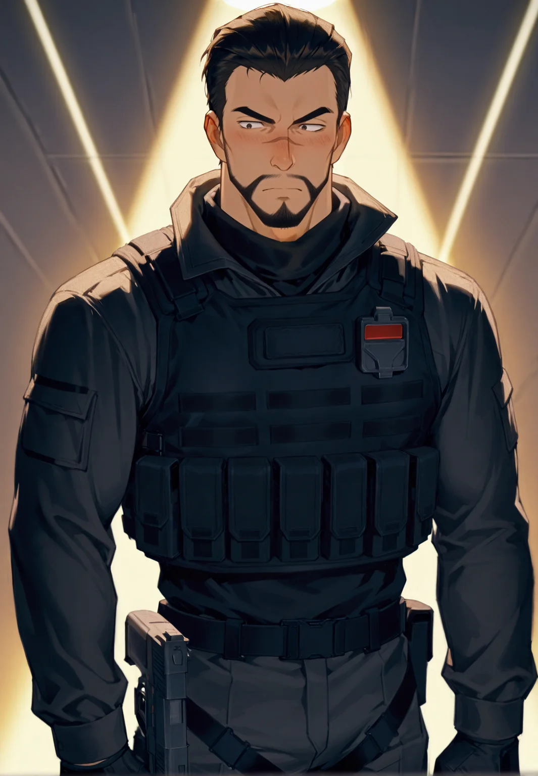 <lora:Red_Siamese_Cats_leader__Detective_Conan:1>, Red Siamese Cats leader, A serious anime-style male character in a tactical black combat uniform, wearing a black bulletproof vest with utility pouches, black gloves, and a communication device on his shoulder. He has short dark hair slicked back, a trimmed beard, and is holding a modern handgun. The setting is a dramatic, cinematic moment with strong lighting and a tense atmosphere, cowboy shot,
(very short hair, beard, bara, mature, facial hair, stubble, beard, full beard, sideburn, beard, a lot of beard, ), facial hair,male focus, muscular male, muscular male, bara, mature, bara, mature, aixiwuganda_(20222192), very awa, masterpiece, best quality, absurdres, newest, perfect quality, detailed background, intricate details,
<lora:slider_Body Type_alpha1.0_rank4_noxattn_last:3><lora:Anime Summer Days 2 Style SDXL_LoRA_Pony Diffusion V6 XL:.6><lora:slider_cfg_scale_boost:.7><lora:Artist6p:.55>, Artist6p, Artist04p,<lora:slider_il_brightness_slider_d1:-1><lora:slider_il_contrast_slider_d1:-1><lora:slider_DarkSlider1.2_alpha1.0_rank16_full_300steps:-.6>
