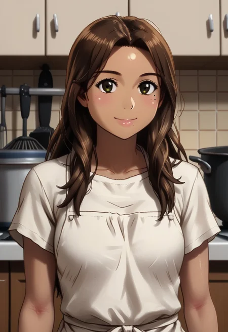 1girl, Clementine Morena, solo, hispanic, tan skin, brown eyes, athletic physique, brown hair, long hair, shiny hair, mole on left cheek, white t-shirt, black athletic shorts, white apron, stained apron,
small smile, mortar & pestle,
variety, close up, face focus, detailed face,
((Indoors, old kitchen, pot, mason jars)), clean lines, smooth colors, sfw, source: semi-realistic, rating: pg, score: 8 up, score: 9