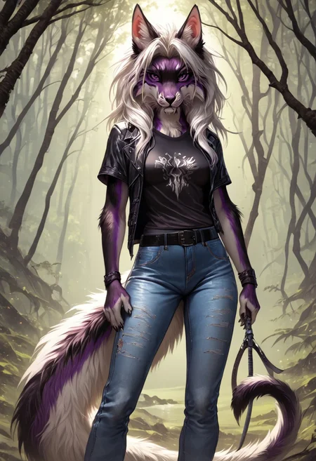 score_9, score_8_up, score_7_up, good quality, high quality, excellent quality, high resolution, masterpiece, many details, detailed, detailed background, detailed fur, detailed hair, detailed clothes, ng_deepnegative_v1_75t, by reallynxgirl, source_furry, female, kotyara, (lora kotyara:1.8), multicolored fur, wnite hair, female, ((((anthro)))), 1girl, furry_female, solo, furry, animal_ears, tail, purple_eyes, long_white_hair, animal paws, snout, claws, {blue jeans, black T-shirt, black belt, silver buckle, fit, strong body, athletic body, strong muscled female, medium breasts, long wnite hair, saber-toothed}, outdors, noon, dark forest, dense forest, scary forest, mysticism, mysticism, fantasy, purple dim light, purple glow dynamic lighting, dramatic light, pastel color