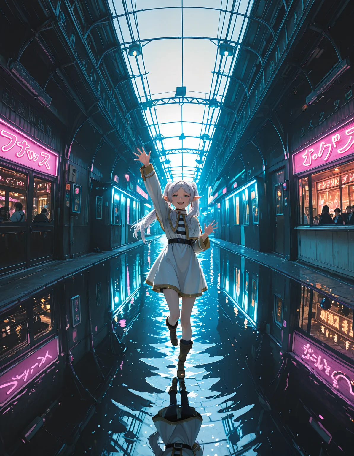 re4lity_sync_illu,
1girl, frieren, waving,large smile, neon lights, photo background, realistic background, masterpiece, best quality, good quality, newest, very aesthetic, absurdres ,highly detailed, 8k, dynamic angle, intricate details,
fisheye, foreshortening, scenery,masterpiece,best quality,absurdres,incredibly absurdres, newest ,<lora:re4lity:1>