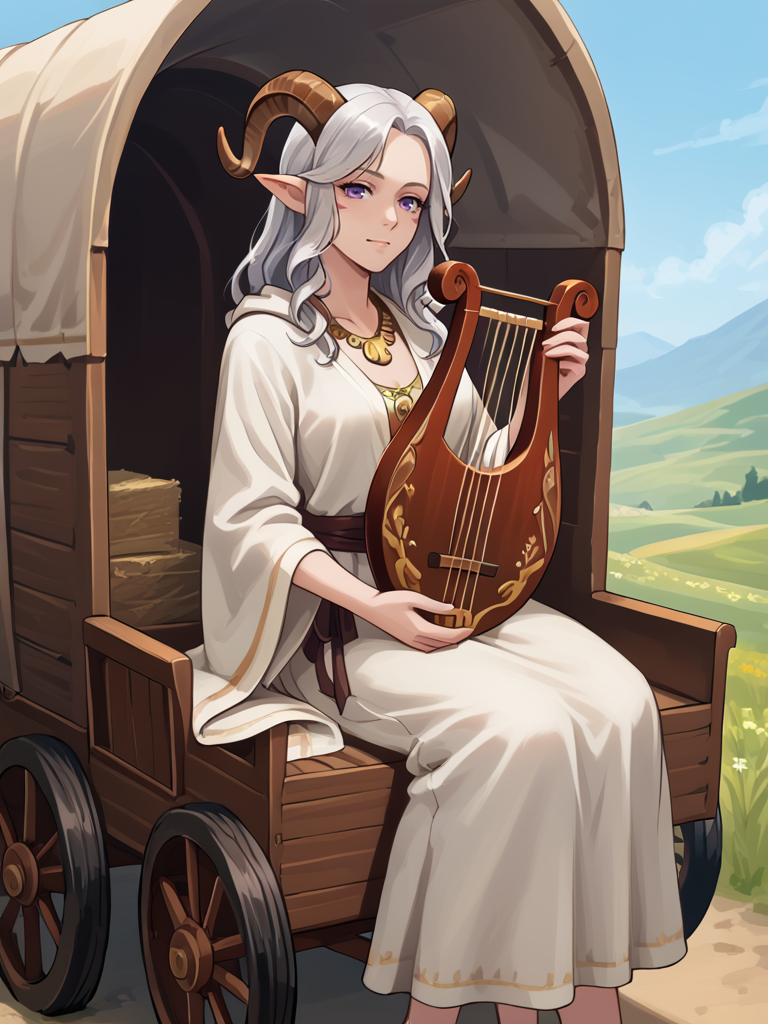 <lora:covered_wagon:0.8> covered_wagon, on wagon, sitting, solo ,<lora:lyre_r1:0.8> lyre, greek_lyre, holding instrument, from far, <lora:whisker_markings:0.8>red whisker_markings 
, source_furry, score_7_up, rating_safe, cowboy shot, gold necklace, tiefing, short pointed ears, brown horns, (a pair of brown sheep Horns that begin at her temples and curve back: 1.5), bangs, long silver hair long wavy hair, pale skin, ,short pointy ears, purple eyes, <lora:age_slider_v4:0.6>   medium breasts, skinny female, silver hair, <lora:Tieflingnew weird fantasyDND:0.3> Tiefling, pointed ears, horns, half-closed eyes<lora:Smooth Style 2 SDXL_LoRA_Pony Diffusion V6 XL:0.5> bell, robe, hood off,