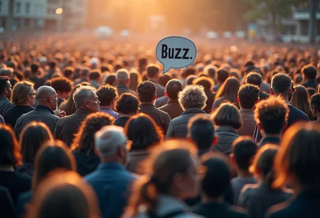 A large crowd of people all whispering "BUZZ" to each other. Show text bubbles with "BUZZ"