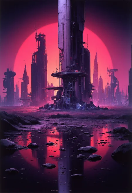 abstract oil painting, gradient vibrant neon colour, rough, textural, broad brush strokes, a futuristic sci-fi city with tall, perfectly reflected in a tranquil, still lake, at night, surreal colours, detailed night sky with stars and nebulas, mythp0rt