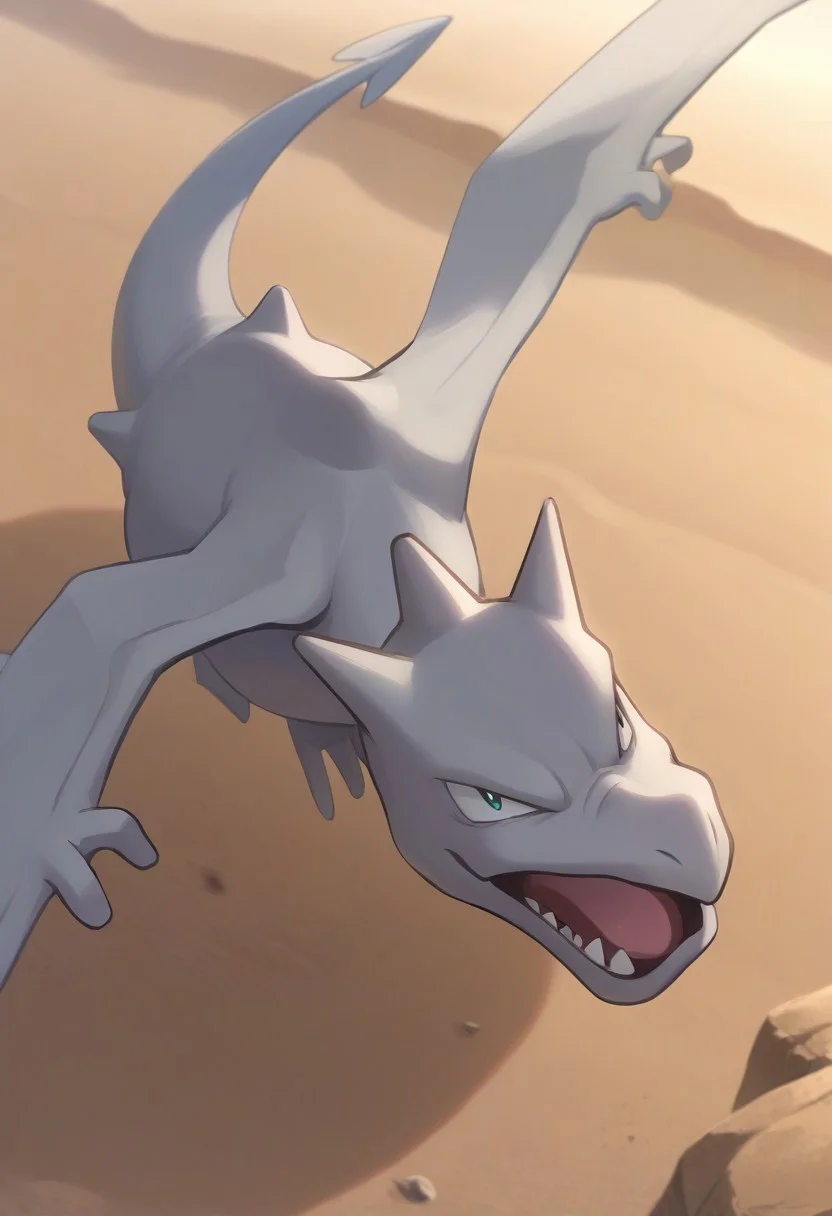 (source_anime, score_9, score_8_up, score_7_up:1), no humans, solo male, aerodactyl, feral, from above, looking up, outdoors, desert, pokemon \(classic anime\), anime screencap