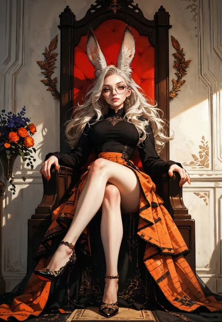 score_9, score_8_up, score_7_up, score_6_up, score_5_up, score_4_up, solo, Viera, full body, (fluffy ears, fluff in ears:1.3), sitting on a throne, view from below, black top, long sleeves, orange skirt, checkered skirt, a woman, (white hair:1.1), naughty smirk, side cornrows, legs, thighs, crossed legs, (high heels:1.1), morning sun, beautifully backlit, sexy, seductive, erotic, a detailed painting, fantasy art, 1girl, large breasts, freckles, round eyewear, pale skin, full lips, orange eyes, absurd res,