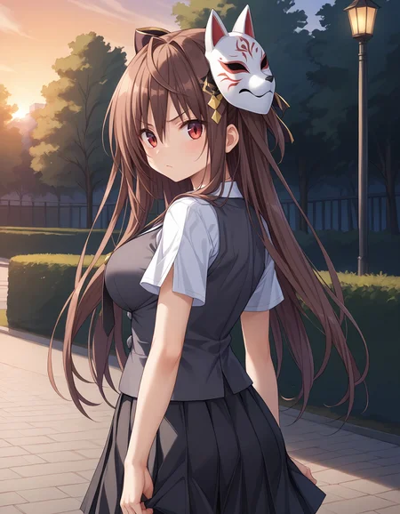 score_9, score_8_up, score_7_up, source_anime, <lora:add-detail-xl:1>, good anatomy, masteries, amazing quality, ultra detailed, good hand
BREAK <lora:makoto-jonouchi Chrono Clock (Purple Software):0.7> makoto-jonouchi, brown hair, long hair, half up, hair ribbon, brown ribbon, hair accessary, golden accessary, red eyes, large breasts,
BREAK outfit01, Chrono Clock uniform, shirt, white shirt, short sleeves, slit sleeves, tie, black tie, vest, black vest, close vest, skirt, pleated black skirt, layered skirt, parted skirt, layered skirt, accordion pleated skirt, accordion pleated white skirt, pleated skirt on accordion pleated skirt, ribbon decollated skirt, silver buttons
BREAK back view, 1girl, posing, put on mask, fox mask, looking back over shoulder, glare at viewer, in park, sunset, sunset glow