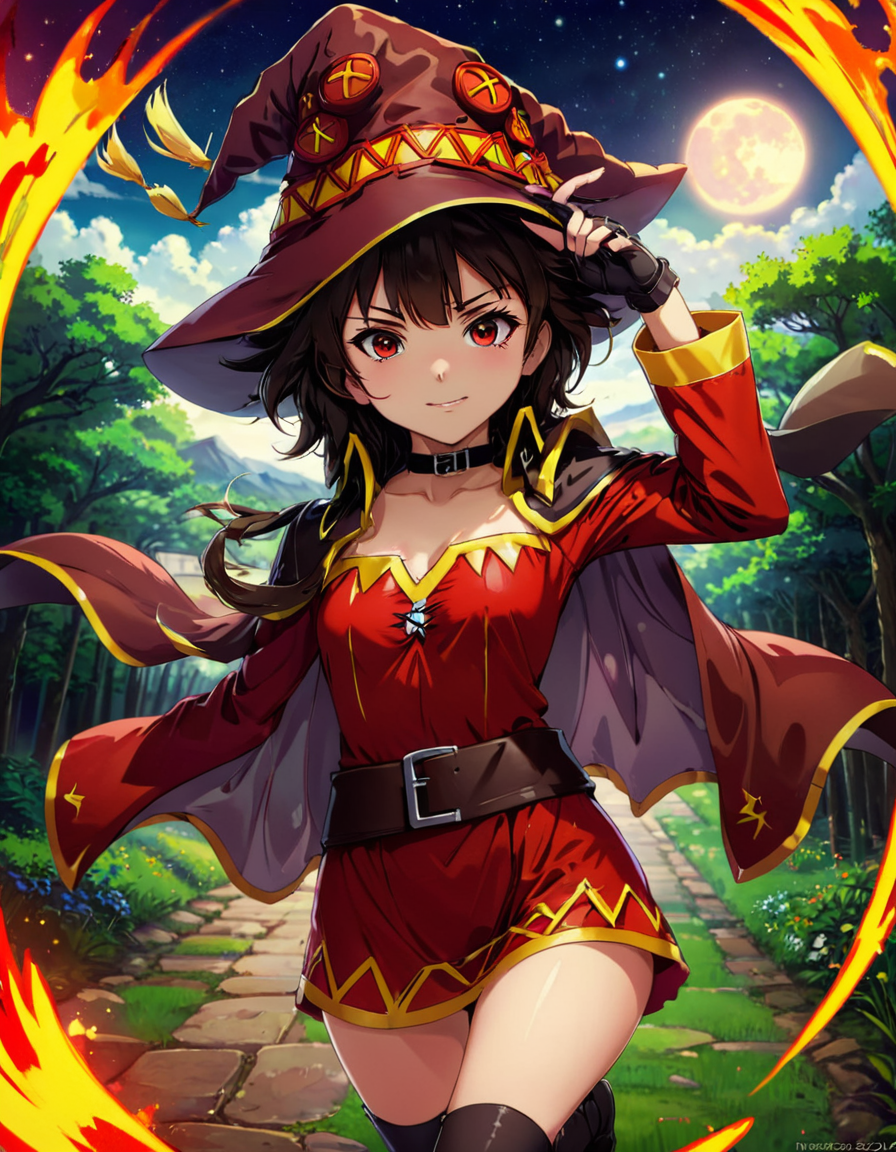 Glo-fi Art Style 1girl megumin from konosuba, ,smileyhat, red dress, ,
 <lora:MeguminXL:1>, <lora:SDXL - Wrong:1>, ZIP2D , dynamic, dramatic, vibrant colors, glo-fi art style