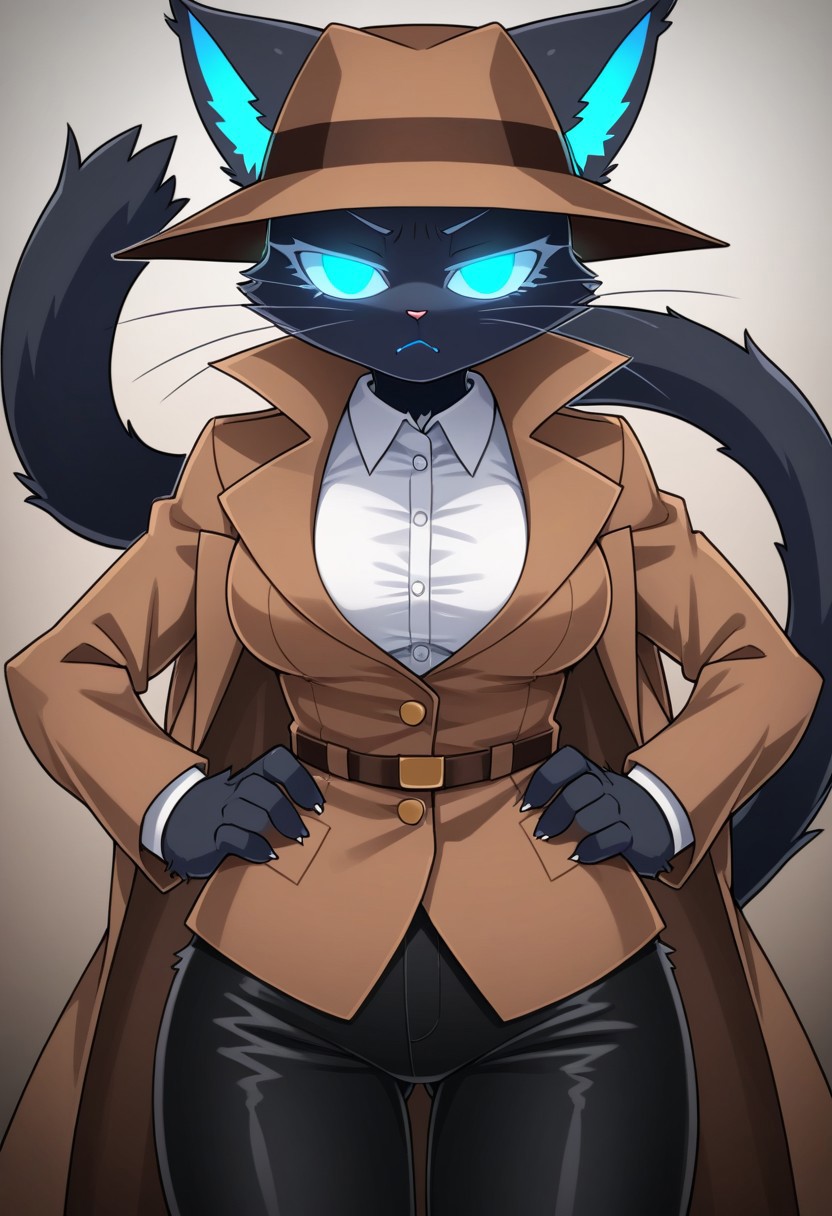 noxseban, furry, (black fur, colored fur:1.6), (((blue eyes, simple eyes, no pupils, glowing eyes, catgirl, blue mouth, annoying))), ((brown detective hat, long brown coat, open coat, white shirt, black pants, hands on hips)), (big breasts:0.8), medium breasts, (looking at viewer), half closed eyes, blue ears, closed mouth, (angry:0.4)
