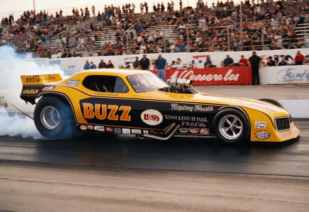 VintageMuscleCar, dragster, side view, race track, smoke trail, people, outdoors, 4K, highly detailed, (stylish grainy analog film photo 35mm vintage Kodak, "BUZZ")