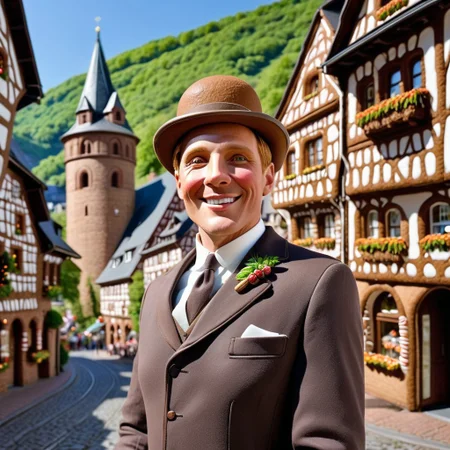 Bacharach am rhein, landscape of old German town Bacharach am rhein, focus on "steeger-Tor", a passage through the tower on top, Hans Lothar Huhn, a gay entrepreneur, a distinguished man with a suit, monocle, and round hat, he has medium-length dark blond hair and laughs very loudly, he is the major of bacharach & his husband Jason Dough, a craftsman and carpenter/furniture maker from Australia with short brown hair, thintype, with lush lips,
.th<lora:GingerbreadStyle_epoch_10:0.7>Gingerbread, JuggernautNegative