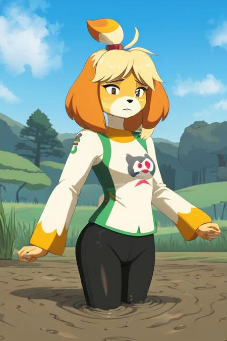 isabelle \(animal crossing\), (masterpiece, best quality:1.15), 1girl, solo, large breasts, high cheekbones, thick eyebrows, small mouth, looking to the side, leaning forward, adjusting clothes, tight leggings, crop top shirt, starry nights, long hair, twin short braids, scared, partially submerged, struggling, farmland bog