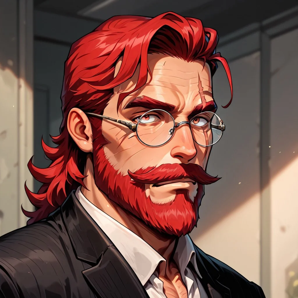 masterpiece, best quality, newest, absurdres, highres, FCMXV1.0, 1boy, glasses, red hair, suit, round glasses, beard, facial hair, mustache, scar, scars on face