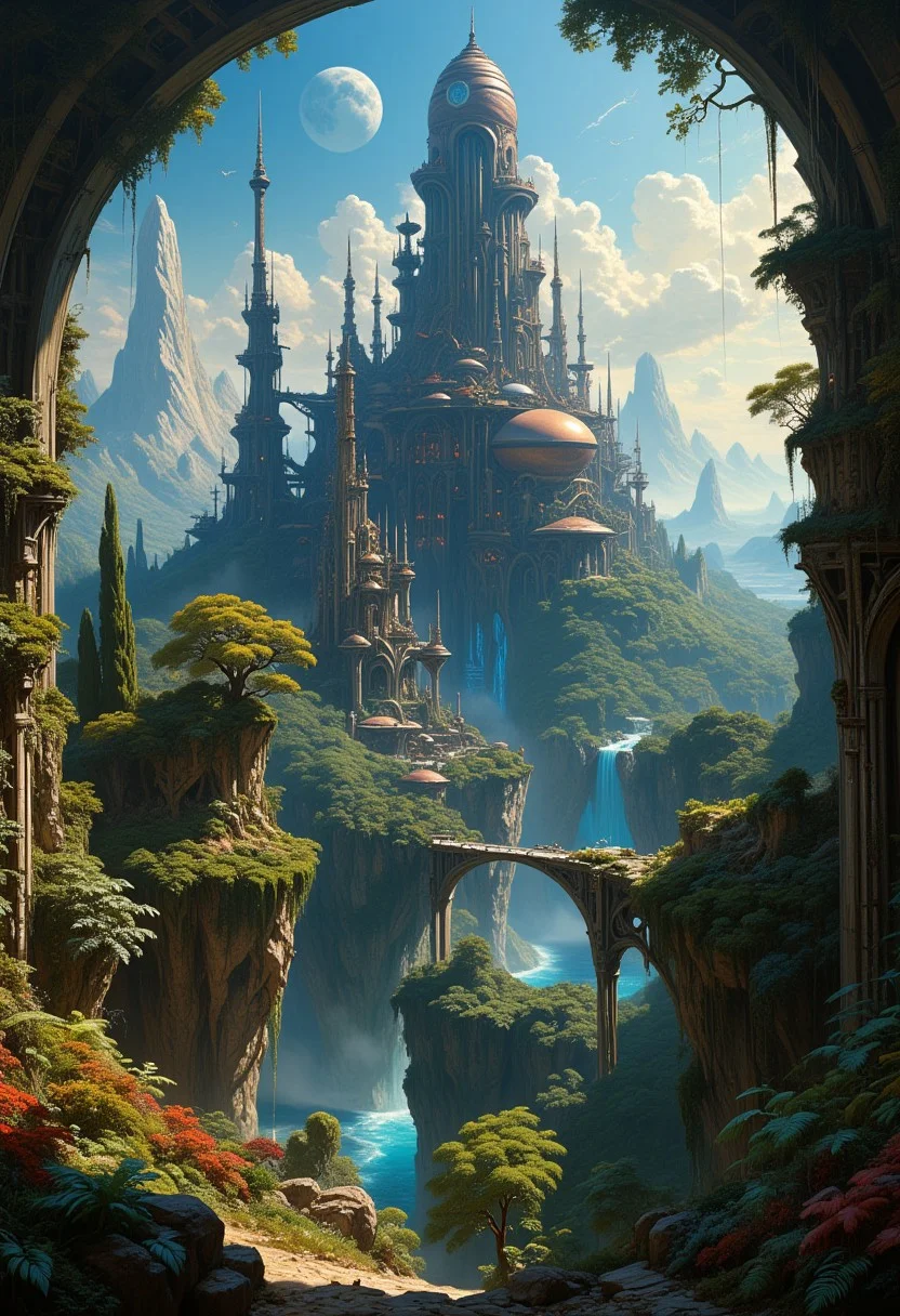masterpiece, style of Guillaume Seignac fantasy beautifully rendered oil painting of a low angle looking up at a ruined, thriving alien metropolis with multiple groupings of buildings spread out and rising above the canopy of a jungle forest, featuring rounded towers, ovoid skyscrapers, grand archways, refineries and pipes, sparse ivy and vines clinging to the structures, atmospherics, beautiful lighting coming from a full moon on the horizon casting the landscape in pale moonlight with areas of light and shadow at midnight