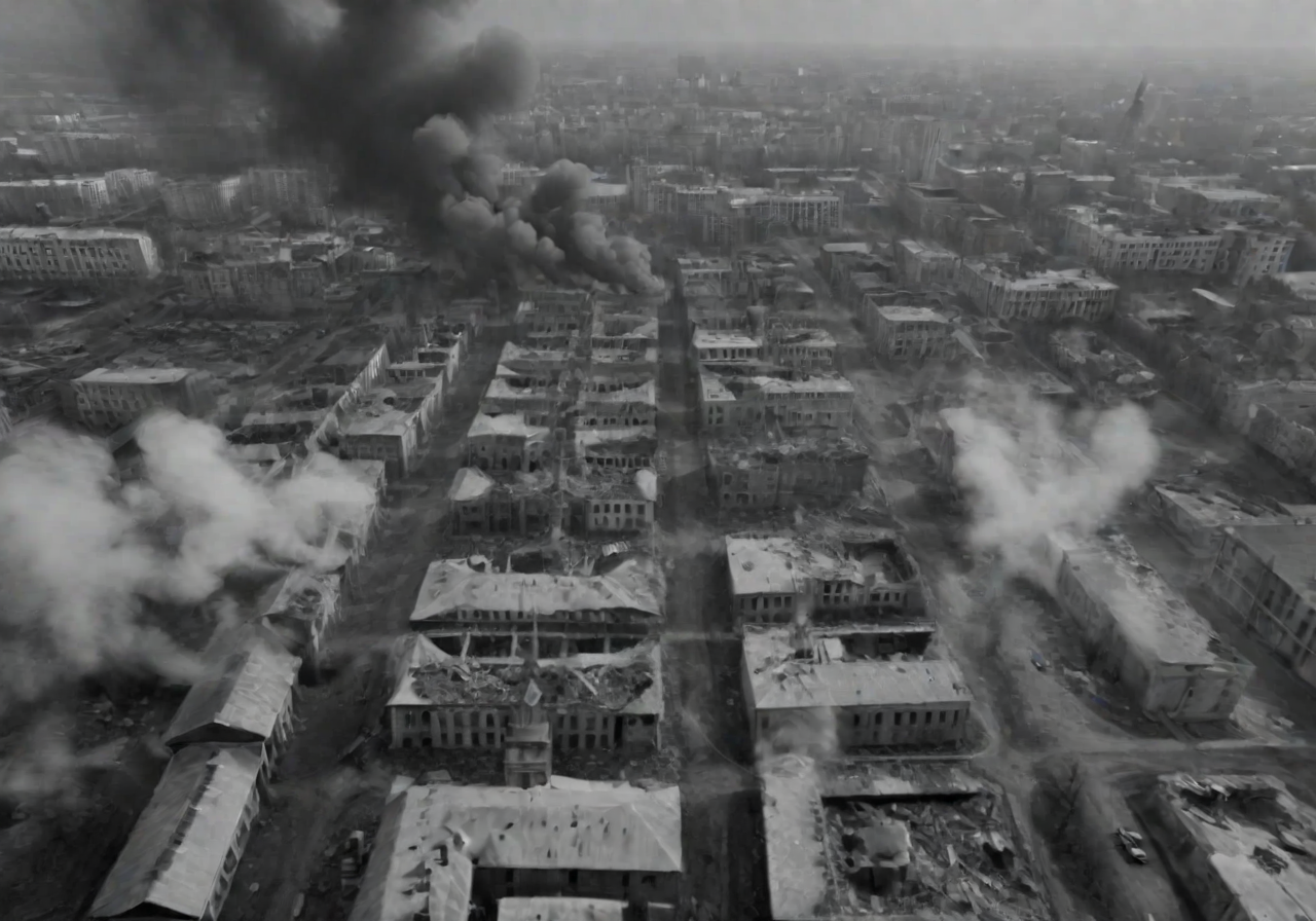 <lora:Smoke_XL:1>, middle shot, modern Ukrainian bombed out city with churches, helicopters overhead,  in the form of smoke_xl