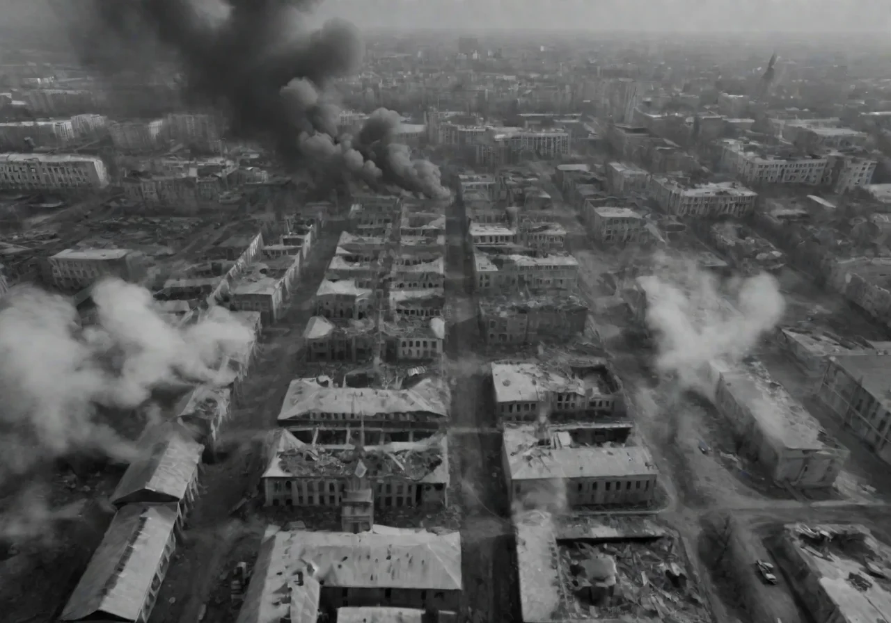 <lora:Smoke_XL:1>, middle shot, modern Ukrainian bombed out city with churches, helicopters overhead, in the form of smoke_xl