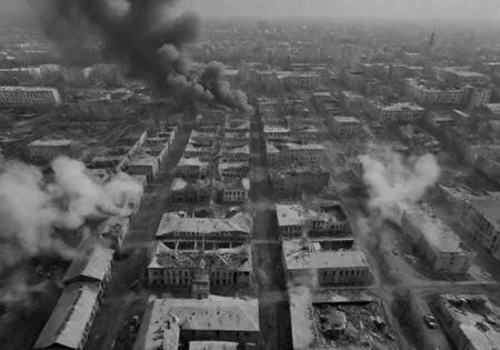 <lora:Smoke_XL:1>, middle shot, modern Ukrainian bombed out city with churches, helicopters overhead, in the form of smoke_xl