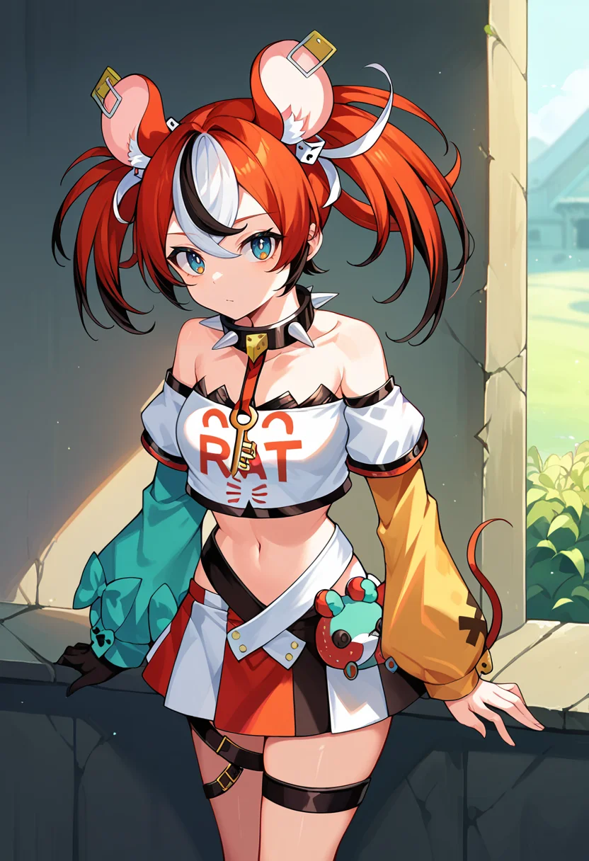 score_9,score_8_up,score_7_up,score_6_up,score_5_up,score_4_up,
1girl, hakos baelz, twintails, dice hair ornament, breasts, mouse ears, mousetrap, spiked collar, white crop top, strapless shirt, midriff, skirt, single glove, key, key necklace, multicolored skirt, detached sleeves, asymmetrical sleeves, short over long sleeves, puffy long sleeves, leg belt, gloves, mismatched sleeves,
outdoors, cowboy shot, solo, looking at viewer, expressionless,
<lora:baelzponyxl6:1>