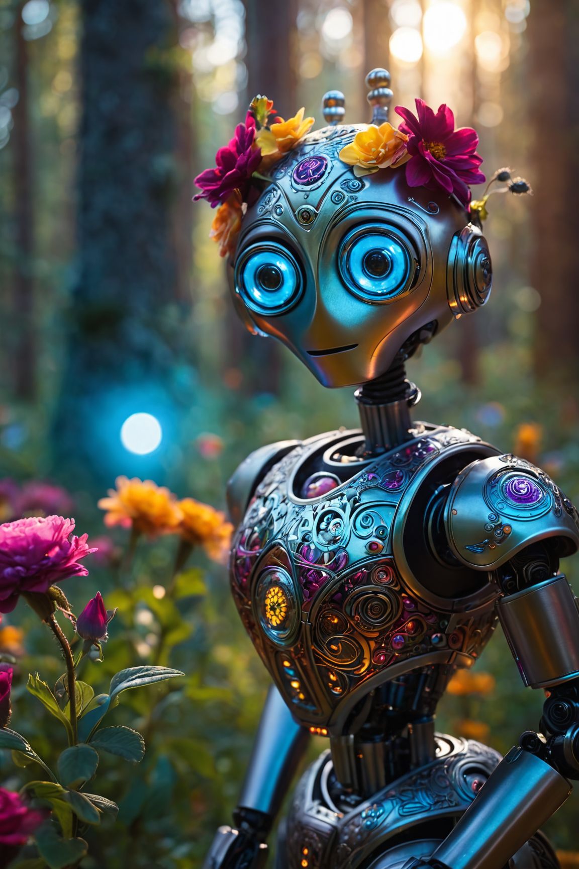 portrait, masterpiece, 4k, ray tracing, intricate details, highly-detailed, hyper-realistic, 8k RAW Editorial Photo.
professional photography of an fantastical cute robot with whimsical elements, flowers and swirling magic, eerie fairytale landscape, elaborate fantasy style art, very colorful, intricate details, ultra sharp, exquisite detail, flawless composition, vivid colors, masterpiece, exciting background, magical glow, internal glow, magic, fantasy, glowing, colorful,
cinematic light, dramatic light, shallow depth of field,  high budget, bokeh, cinemascope, film grain,